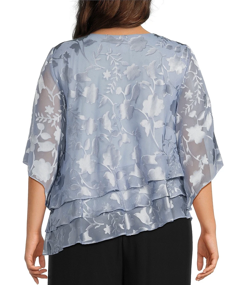 Alex Evenings Plus Size Asymmetrical Tiered Hem Round Neck 3/4 Illusion Sleeve Burnout Floral Chiffon Blouse