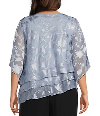 Alex Evenings Plus Size Asymmetrical Tiered Hem Round Neck 3/4 Illusion Sleeve Burnout Floral Chiffon Blouse