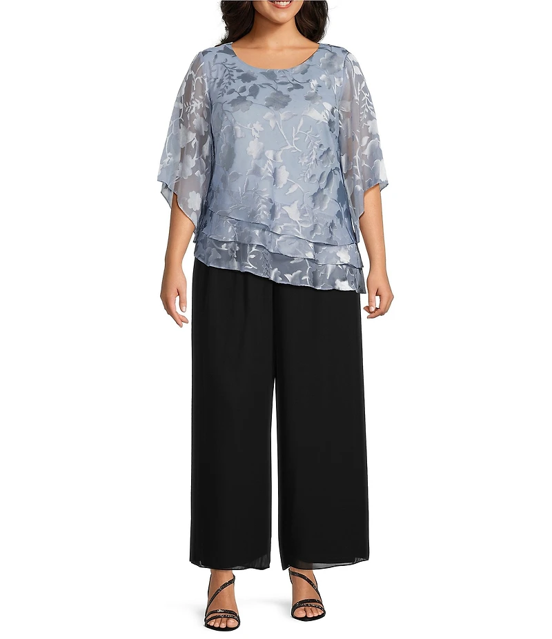 Alex Evenings Plus Size Asymmetrical Tiered Hem Round Neck 3/4 Illusion Sleeve Burnout Floral Chiffon Blouse