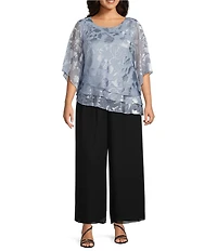 Alex Evenings Plus Size Asymmetrical Tiered Hem Round Neck 3/4 Illusion Sleeve Burnout Floral Chiffon Blouse