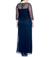 Alex Evenings Plus Size Beaded Illusion Sweetheart Crew Neck 3/4 Sleeve Sheath Dress