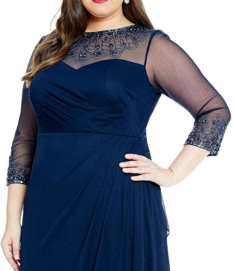 Alex Evenings Plus Size Beaded Illusion Sweetheart Crew Neck 3/4 Sleeve Sheath Dress