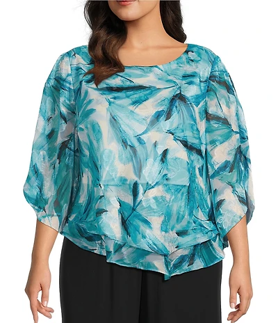 Alex Evenings Plus Size Chiffon Boat Neck 3/4 Sleeve Abstract Floral Print Double Tier Hem Blouse