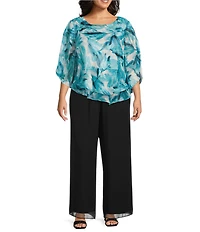 Alex Evenings Plus Size Chiffon Boat Neck 3/4 Sleeve Abstract Floral Print Double Tier Hem Blouse