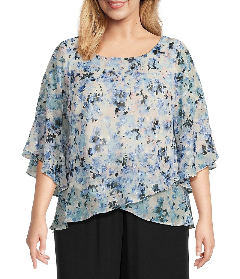 Alex Evenings Plus Size Chiffon Scoop Neck 3/4 Bell Sleeve Tulip Hem Blouse