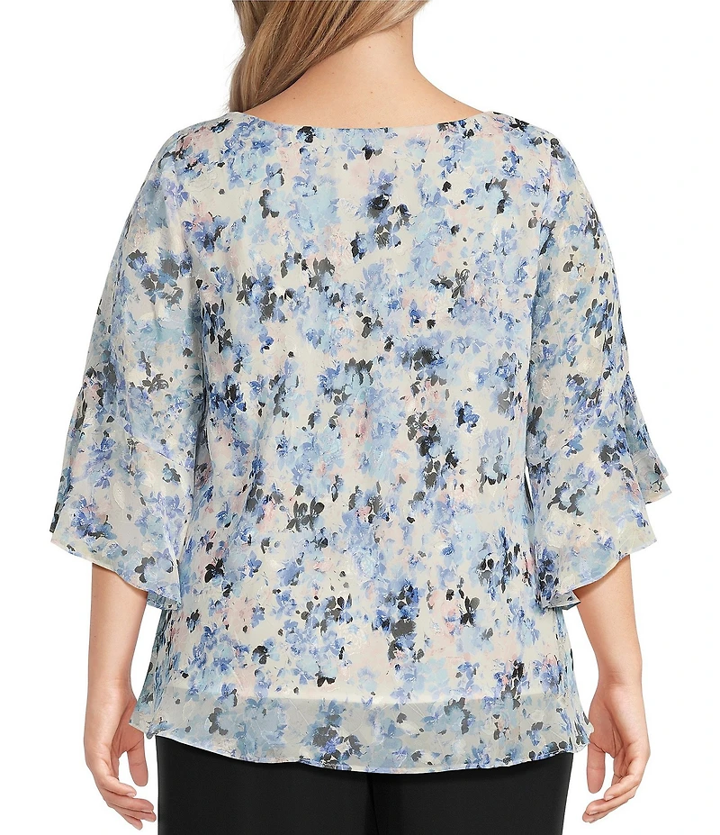 Alex Evenings Plus Size Chiffon Scoop Neck 3/4 Bell Sleeve Tulip Hem Blouse