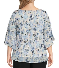 Alex Evenings Plus Size Chiffon Scoop Neck 3/4 Bell Sleeve Tulip Hem Blouse