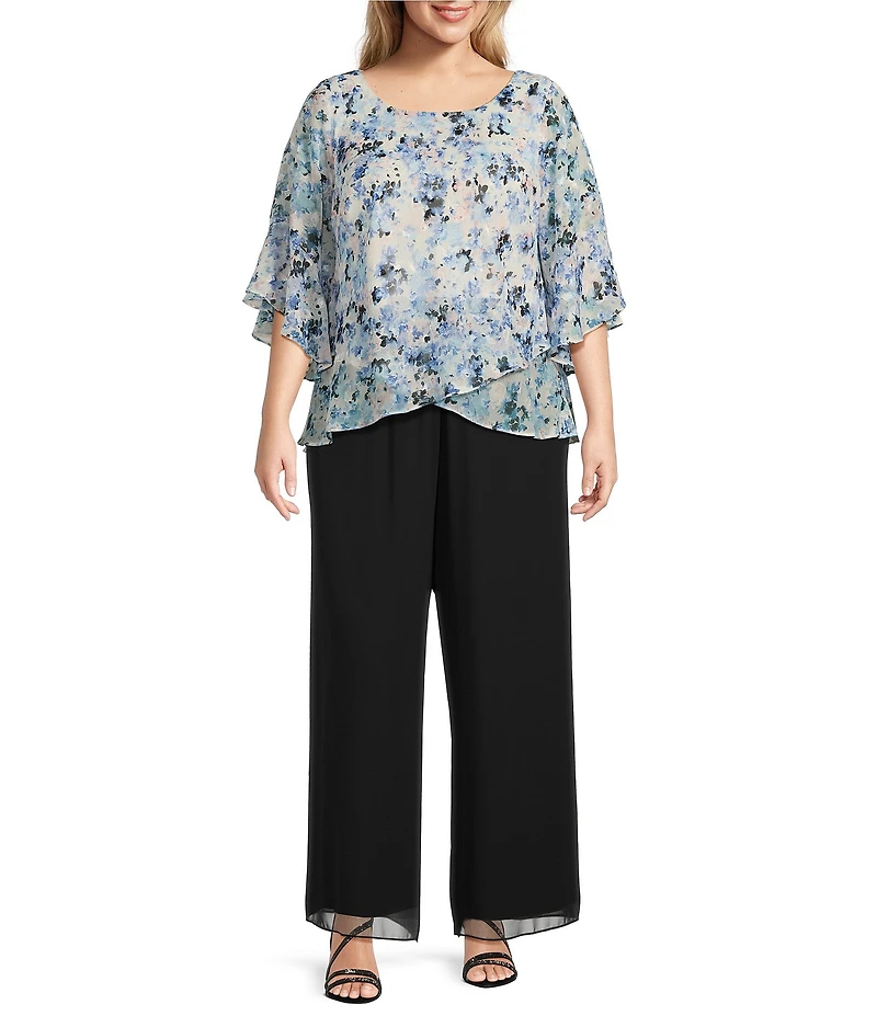 Alex Evenings Plus Size Chiffon Scoop Neck 3/4 Bell Sleeve Tulip Hem Blouse