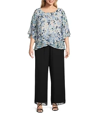 Alex Evenings Plus Size Chiffon Scoop Neck 3/4 Bell Sleeve Tulip Hem Blouse