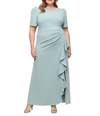 Alex Evenings Plus Size Crepe Embellished Boat Neck Short Sleeve Ruffle Cascade A-Line Gown