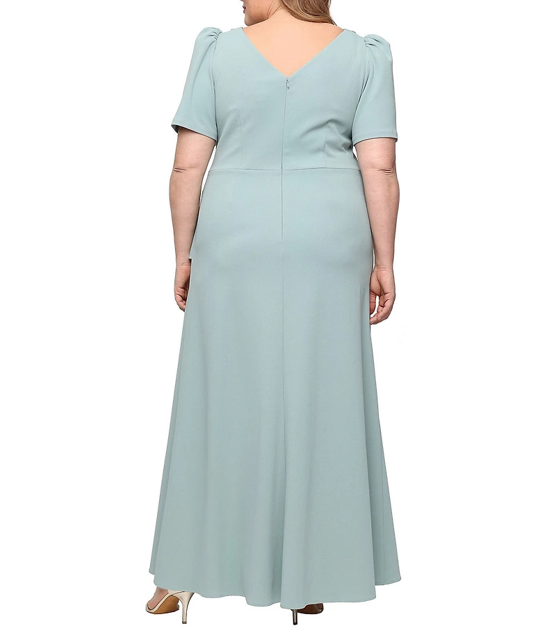 Alex Evenings Plus Size Crepe Embellished Boat Neck Short Sleeve Ruffle Cascade A-Line Gown
