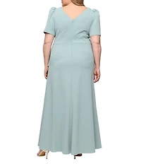 Alex Evenings Plus Size Crepe Embellished Boat Neck Short Sleeve Ruffle Cascade A-Line Gown
