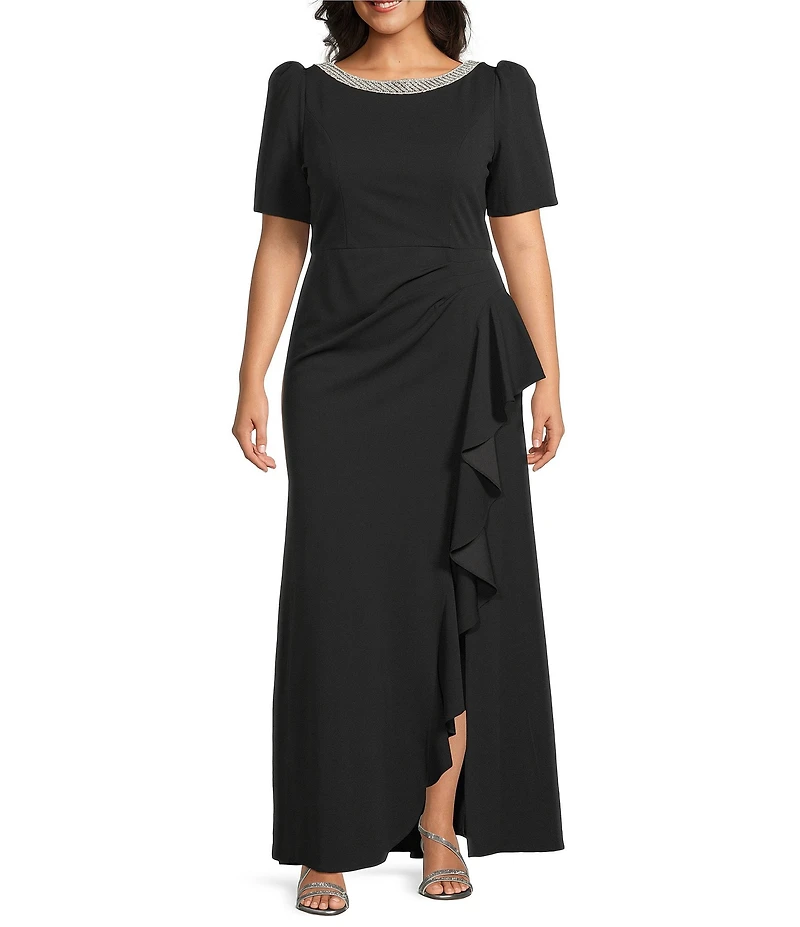 Alex Evenings Plus Size Crepe Embellished Boat Neck 3/4 Sleeve Ruffle Cascade A-Line Gown