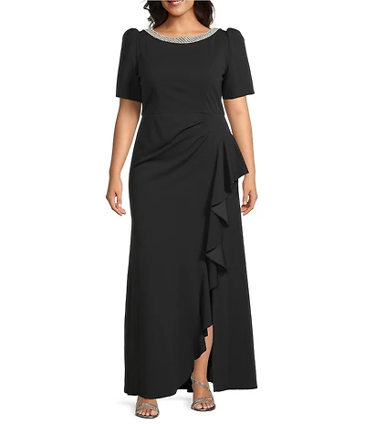 Alex Evenings Plus Size Crepe Embellished Boat Neck 3/4 Sleeve Ruffle Cascade A-Line Gown