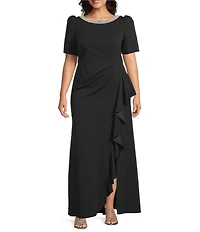 Alex Evenings Plus Size Crepe Embellished Boat Neck 3/4 Sleeve Ruffle Cascade A-Line Gown