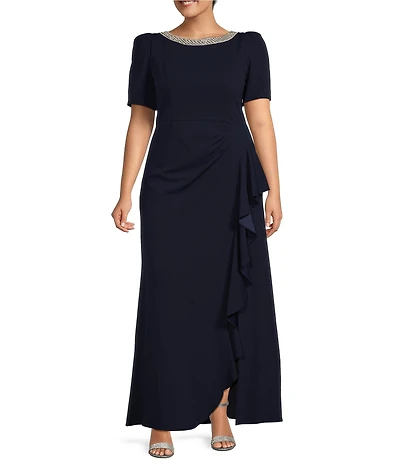 Alex Evenings Plus Size Crepe Embellished Boat Neck Short Sleeve Ruffle Cascade A-Line Gown