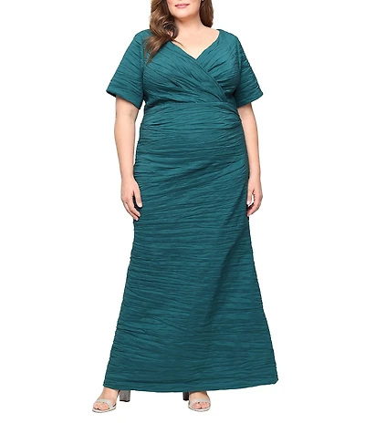 Alex Evenings Plus Size Crinkle Stretch Taffeta Surplice Neck Short Sleeve Gown