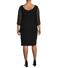 Alex Evenings Plus Size Round Neck 3/4 Sleeve Embellished Illusion Ruffle Sheath Dress