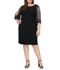 Alex Evenings Plus Size Round Neck 3/4 Sleeve Embellished Illusion Ruffle Sheath Dress