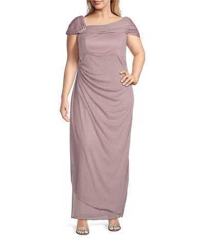 Alex Evenings Plus Size Embellished Ruched Portrait Neck Cap Sleeve Glitter Mesh Sheath Dress