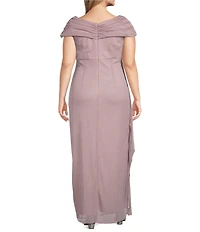 Alex Evenings Plus Size Embellished Ruched Portrait Neck Cap Sleeve Glitter Mesh Sheath Dress