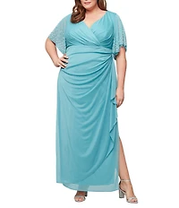 Alex Evenings Plus Size Embellished Short Flutter Sleeve V-Neck Ruched Waist Empire Waist Gown