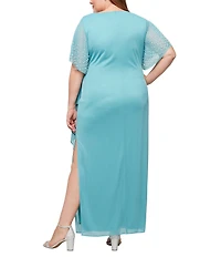 Alex Evenings Plus Size Embellished Short Flutter Sleeve V-Neck Ruched Waist Empire Waist Gown