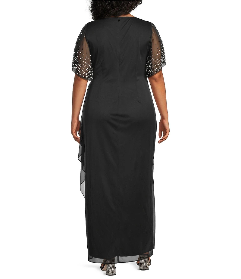 Alex Evenings Plus Size Embellished Short Flutter Sleeve V-Neck Ruched Waist Empire Waist Gown