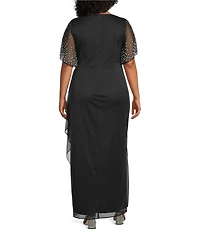 Alex Evenings Plus Size Embellished Short Flutter Sleeve V-Neck Ruched Waist Empire Waist Gown