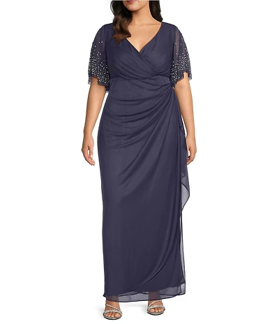 Alex Evenings Plus Size Embellished Short Flutter Sleeve V-Neck Ruched Waist Empire Waist Gown