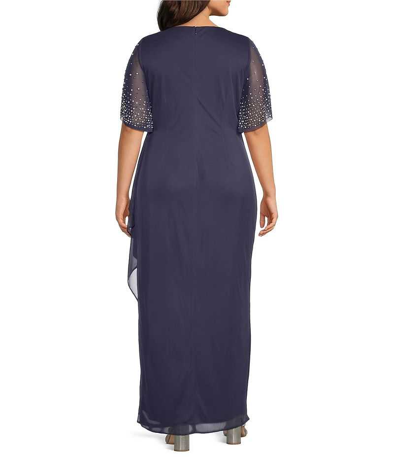 Alex Evenings Plus Size Embellished Short Flutter Sleeve V-Neck Ruched Waist Empire Waist Gown
