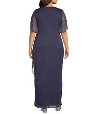 Alex Evenings Plus Size Embellished Short Flutter Sleeve V-Neck Ruched Waist Empire Waist Gown