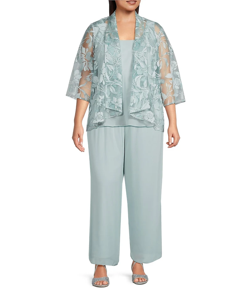 Alex Evenings Plus Size Embroidered 3/4 Sleeve Chiffon Twinset
