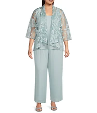 Alex Evenings Plus Size Embroidered 3/4 Sleeve Chiffon Twinset