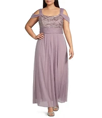 Alex Evenings Plus Size Empire Waist Sequin Bodice Cold Shoulder Long Gown