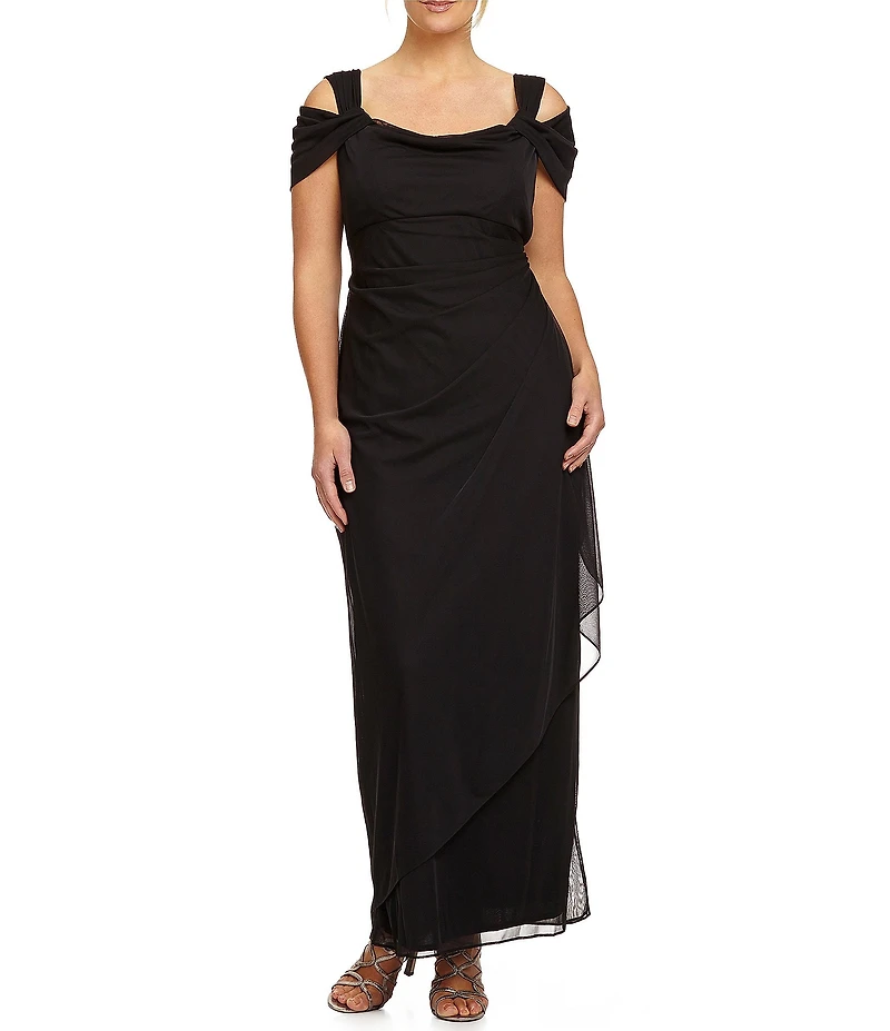 Alex Evenings Plus Size Exposed Shoulder Draped Neck Cap Sleeve Ruched Waterfall Hem Mesh Gown