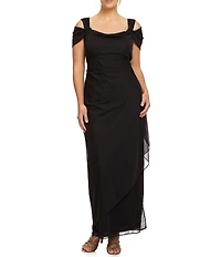 Alex Evenings Plus Size Exposed Shoulder Draped Neck Cap Sleeve Ruched Waterfall Hem Mesh Gown
