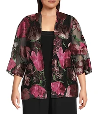 Alex Evenings Plus Size Floral Embroidered 3/4 Sleeve Open Front Twinset