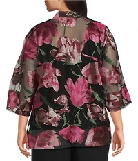 Alex Evenings Plus Size Floral Embroidered 3/4 Sleeve Open Front Twinset