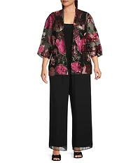 Alex Evenings Plus Size Floral Embroidered 3/4 Sleeve Open Front Twinset