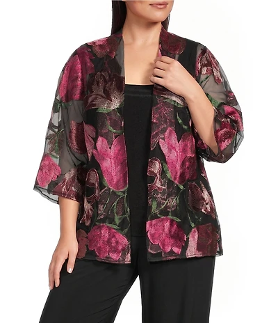Alex Evenings Plus Size Floral Embroidered 3/4 Sleeve Open Front Twinset