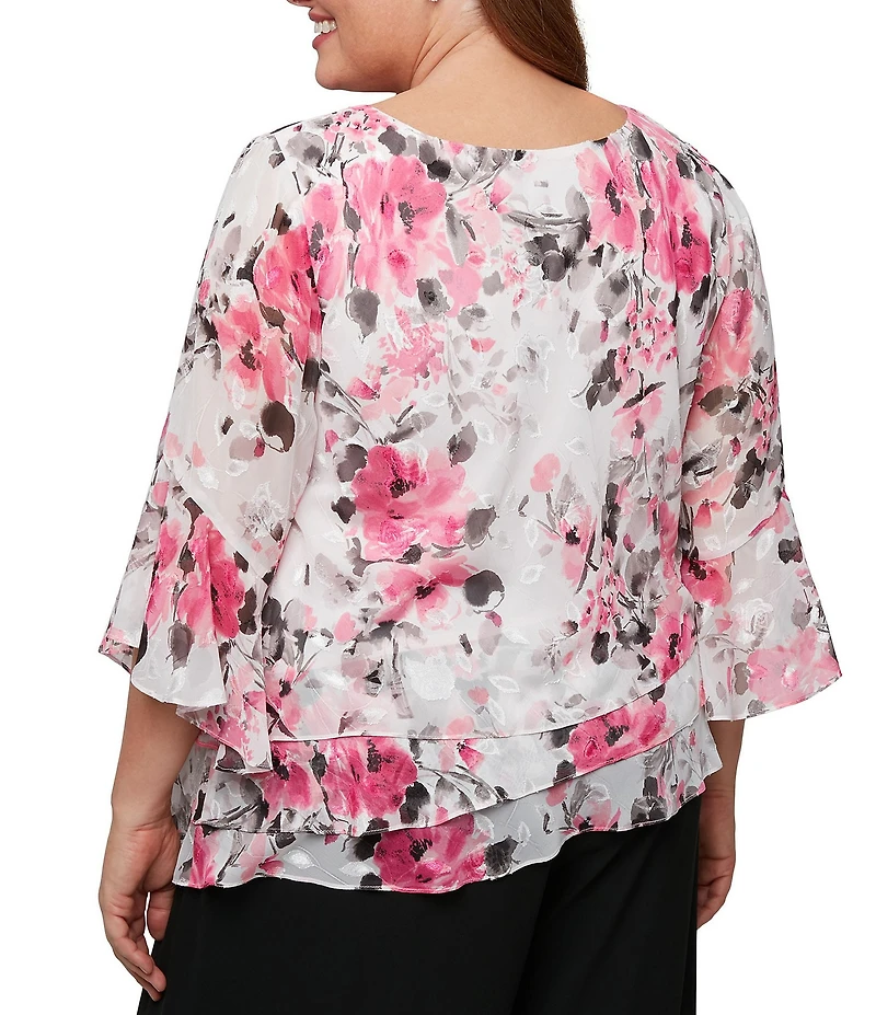 Alex Evenings Plus Size Floral Print 3/4 Sleeve Blouse