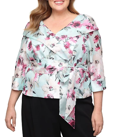 Alex Evenings Plus Size Floral Print 3/4 Sleeve Yoryu Portrait Collar Blouse