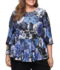 Alex Evenings Plus Size Floral Print Lurex Knit Peplum Hem Button Front Blouse