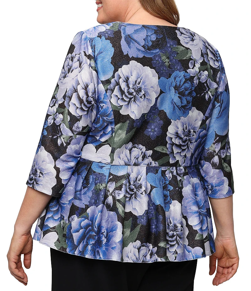 Alex Evenings Plus Size Floral Print Lurex Knit Peplum Hem Button Front Blouse