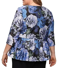 Alex Evenings Plus Size Floral Print Lurex Knit Peplum Hem Button Front Blouse