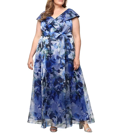 Alex Evenings Plus Size Floral Print Organza Portrait Collar Tie Waist Gown