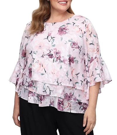 Alex Evenings Plus Size Floral Print Triple Tiered Asymmetrical Hem Bell Sleeve Chiffon Blouse