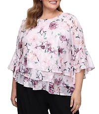 Alex Evenings Plus Size Floral Print Triple Tiered Asymmetrical Hem Bell Sleeve Chiffon Blouse