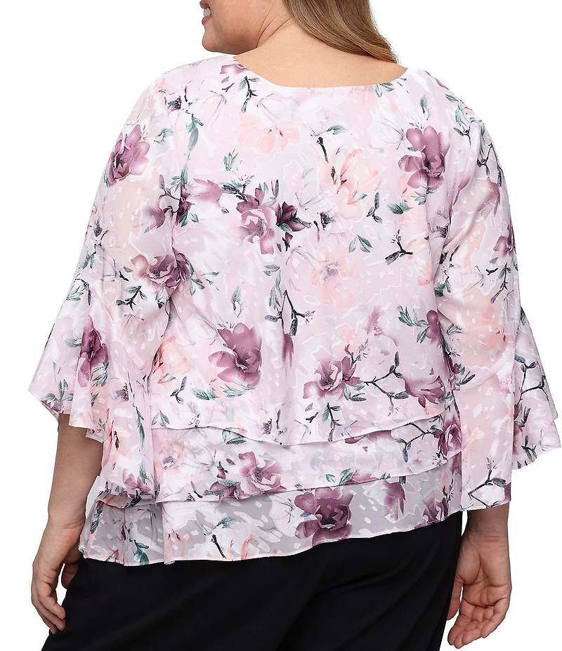 Alex Evenings Plus Size Floral Print Triple Tiered Asymmetrical Hem Bell Sleeve Chiffon Blouse